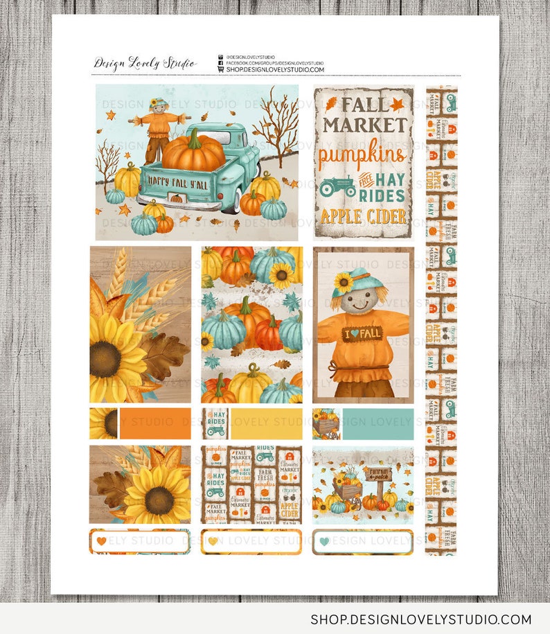 May include: A printable sheet of fall-themed planner stickers featuring pumpkins, hayrides, apple cider, and a scarecrow. The stickers are in a rustic style with a woodgrain background.