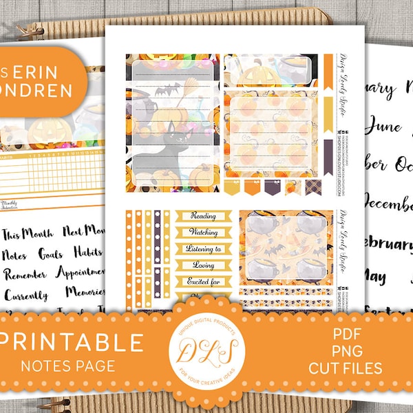 May include: Printable Halloween-themed planner stickers with a black cat, pumpkins, and cauldrons. The stickers include a monthly calendar, a notes page, and a section for tracking goals, habits, and appointments. The stickers are designed to fit the Erin Condren planner.