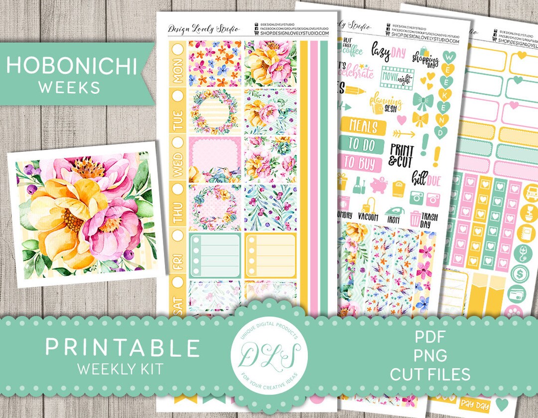 Printable HOBONICHI Weeks Stickers Kit, Floral Planner Stickers ...