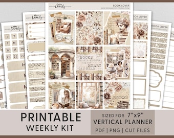Printable Book Lover Planner Stickers, Vertical Weekly Sticker Kit, Erin Condren, Boho, Bookish, Bookworm, Reading, Library, VS273