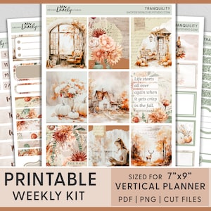 May include: Printable weekly planner sticker kit with a fall theme. The stickers feature illustrations of pumpkins, leaves, a house, and a deer. The text "Life starts all over again when it gets crisp in the fall." is included on one of the stickers. The stickers are sized for a 7" x 9" vertical planner.