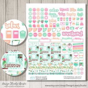 May include: A set of printable planner stickers featuring a cactus theme. The stickers include various designs, such as "relax", "weekend", "notes", "dream big", "today", "lazy day", "family time", "pay day", "love", "fun", "TGIF", "happy mail", "birthday", "cancelled", "postponed", "rescheduled", "maybe later", and days of the week. The stickers are in shades of green, pink, and orange.