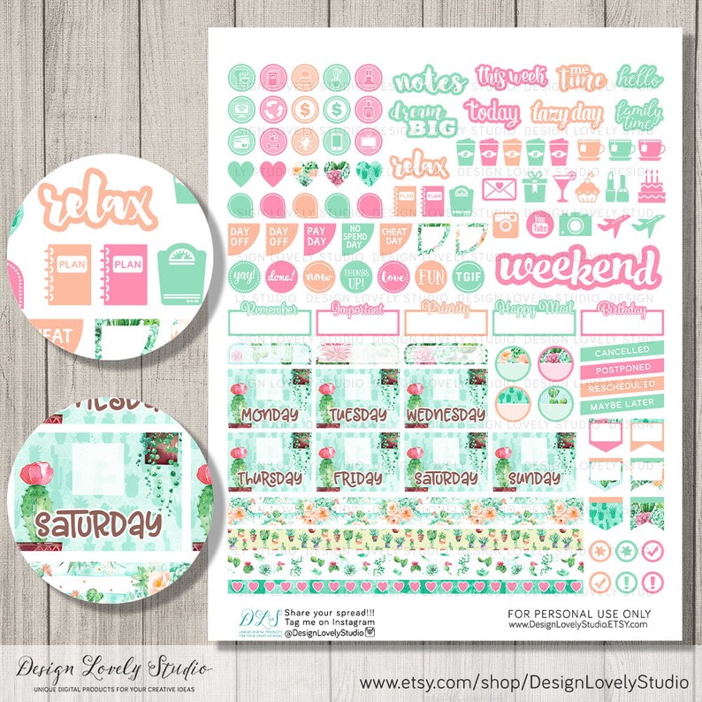 May include: A set of printable planner stickers featuring a cactus theme. The stickers include various designs, such as "relax", "weekend", "notes", "dream big", "today", "lazy day", "family time", "pay day", "love", "fun", "TGIF", "happy mail", "birthday", "cancelled", "postponed", "rescheduled", "maybe later", and days of the week. The stickers are in shades of green, pink, and orange.