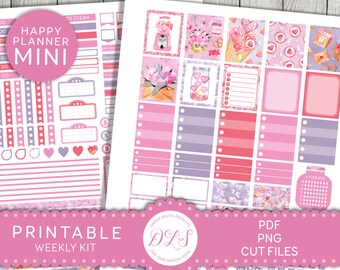 May include: Printable planner stickers with a pink and purple color scheme. The stickers feature various designs including hearts, flowers, jars, and a coffee maker. The text "Happy Planner Mini" is featured on the sticker sheet. The text "Printable Weekly Kit" is featured on a pink banner.