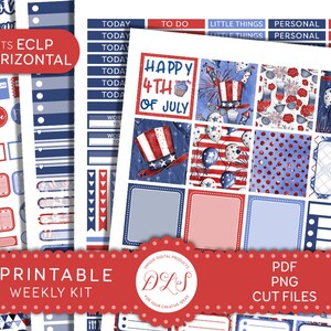 4th of July Weekly Sticker Kit, Printable Planner Stickers Kit, July Weekly Planner Stickers Kit, for Erin Condren Horizontal Planner, HS165