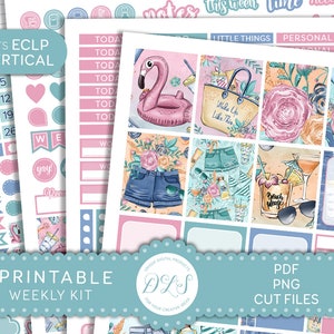 PRINTABLE Beach Planner Stickers, Summer Weekly Planner Stickers Kit, Flamingo Planner Stickers, for Erin Condren Vertical Planner, VS168