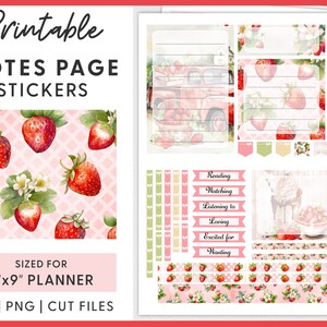 May include: Printable planner stickers with a strawberry theme. The stickers feature a red truck, strawberries, and a strawberry lane design. The stickers are sized for a 7" x 9" planner.