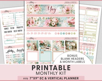 Adesivi stampabili per agenda con tema castello romantico, kit di adesivi mensili di maggio per Erin Condren, file per qualsiasi mese, stile cottagecore elegante, MV297