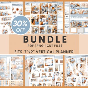 May include: A bundle of planner stickers with a fall theme. The stickers feature floral designs, pumpkins, and the text "October" and "Fall". The bundle includes PDF, PNG, and cut files, designed to fit a 7"x9" vertical planner. A circular graphic indicates a 30% discount.