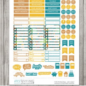 Puede incluir: Un conjunto de pegatinas de planificador imprimibles con un esquema de color azul verdoso, amarillo y marr&oacute;n. Las pegatinas presentan varios iconos y texto, que incluyen "Objetivos", "Que hacer", "Proyectos", "Pr&oacute;ximo mes", "Importante", "Recordar", "Este mes", "Celebrar", "Comprar", "Organizar", "Cumplea&ntilde;os", "Cancelado", "Factura vencida", "Cita", "Sonre&iacute;r", "Comenzar ahora", "Tiempo en familia", "Vacaciones", "Fiesta", "D&iacute;a de descanso", y "Cumplea&ntilde;os".