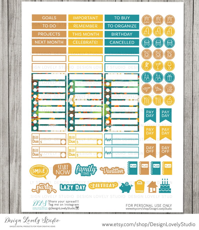 Puede incluir: Un conjunto de pegatinas de planificador imprimibles con un esquema de color azul verdoso, amarillo y marr&oacute;n. Las pegatinas presentan varios iconos y texto, que incluyen "Objetivos", "Que hacer", "Proyectos", "Pr&oacute;ximo mes", "Importante", "Recordar", "Este mes", "Celebrar", "Comprar", "Organizar", "Cumplea&ntilde;os", "Cancelado", "Factura vencida", "Cita", "Sonre&iacute;r", "Comenzar ahora", "Tiempo en familia", "Vacaciones", "Fiesta", "D&iacute;a de descanso", y "Cumplea&ntilde;os".