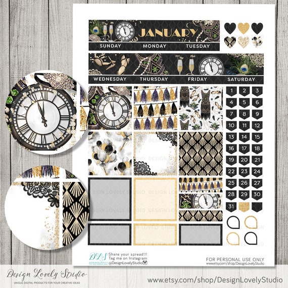 Buy Printable January Monthly Kit, Big Happy Planner January Stickers Kit,  New Year Planner Stickers, Black and Gold Planner Stickers, BM141 Online in  India 