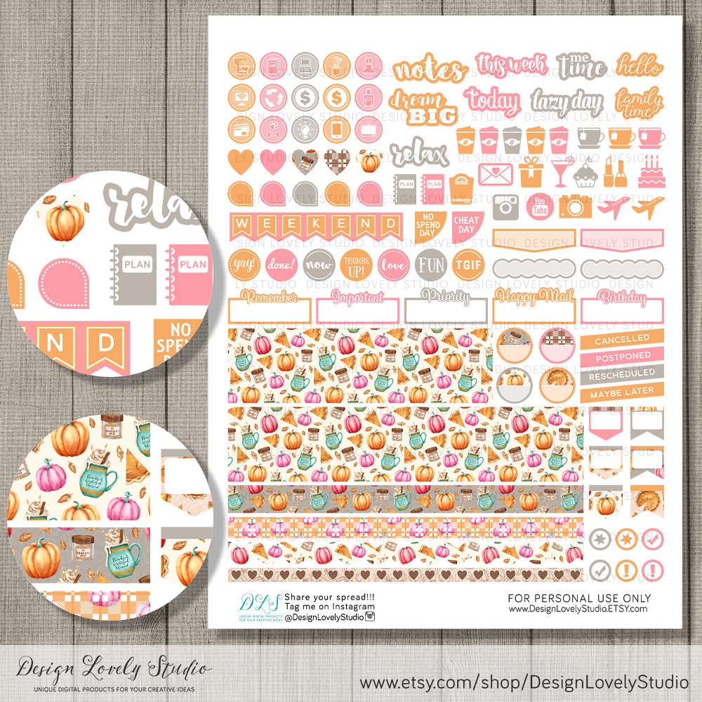 Printable THANKSGIVING Planner Stickers Kit Pumpkin Pie | Etsy