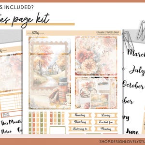 May include: A "Notes page kit" with floral and autumn-themed designs. Includes decorative paper, stickers, and labels with text like "Reading," "Loving," and months like "March" and "July." The kit features a watercolor illustration of a house and a thermos.