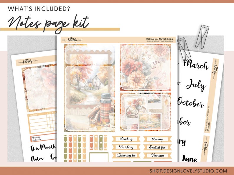 May include: A "Notes page kit" with floral and autumn-themed designs. Includes decorative paper, stickers, and labels with text like "Reading," "Loving," and months like "March" and "July." The kit features a watercolor illustration of a house and a thermos.