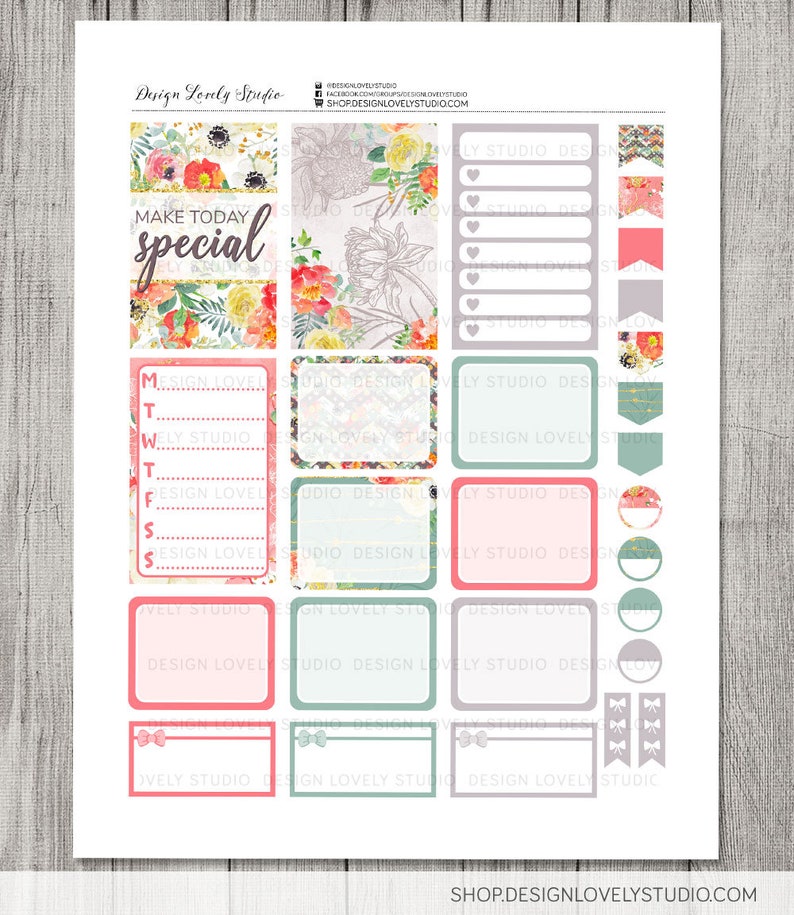 May include: A set of printable planner stickers with a floral theme. The stickers include a variety of shapes and sizes, including squares, circles, and rectangles. The stickers are decorated with pink, green, and white floral patterns. The text "Make today special" is included on one of the stickers.