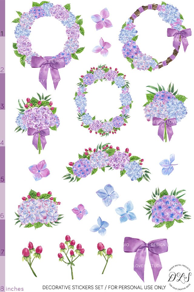 Planner Flower Stickers Watercolor Hydrangea Blue Purple Floral ...