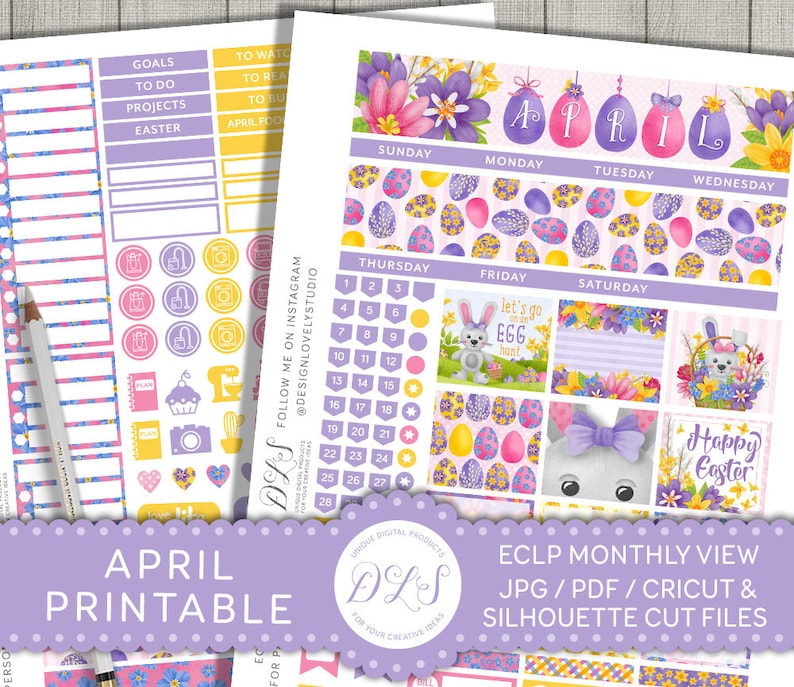 May include: Printable April monthly planner stickers with a purple, yellow, and pink color scheme. The stickers feature Easter eggs, bunnies, flowers, and the word "April".