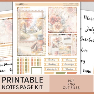 Könnte beinhalten: Druckbares Notizseiten-Kit mit Herbstthema. Das Kit enthält Seiten mit Aquarellillustrationen eines Hauses, Blumen und einer Thermoskanne. Ebenfalls enthalten sind dekorative Elemente und Etiketten mit Text wie "Lesen" und "Lieben".