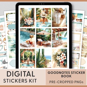 May include: A digital sticker kit for Goodnotes featuring pre-cropped PNG images of tropical scenes, including a pool, a bar, a fountain, and flowers. The stickers are perfect for adding a touch of summer to your planner or journal.