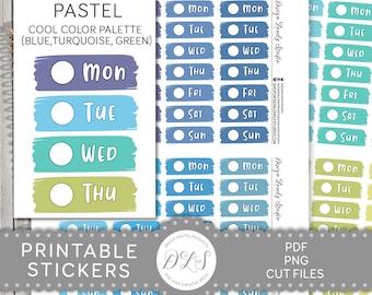 May include: Printable stickers with a pastel color palette of blue, turquoise, and green. The stickers feature a white circle with a day of the week written in black text. The days of the week are Monday, Tuesday, Wednesday, Thursday, Friday, Saturday, and Sunday.