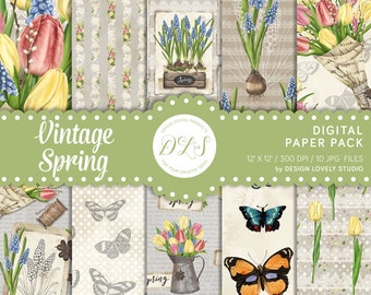 Spring Digital Paper Pack, Spring Digital Background, Tulips Digital Paper, Butterflies Digital Backdrop, Spring Scrapbook Paper, DP138