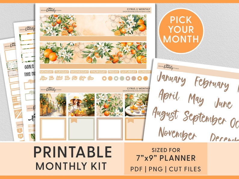 Puede incluir: Kit de planificador mensual imprimible con tem&aacute;tica c&iacute;trica. El kit incluye una variedad de pegatinas, incluyendo un calendario, objetivos y d&iacute;as de la semana. Las pegatinas est&aacute;n dise&ntilde;adas en un estilo acuarela con naranjas, hojas y flores. El kit est&aacute; dise&ntilde;ado para un planificador de 17,8 cm x 22,9 cm.