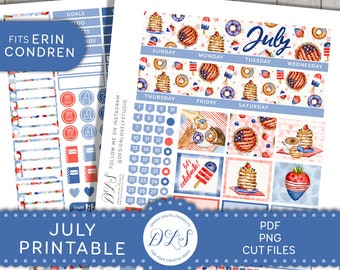 Kit de adesivos mensais imprimíveis de julho, compatível com a agenda Erin Condren Life Planner, adesivos para agenda do 4 de julho, kit de adesivos patrióticos de julho, MV179