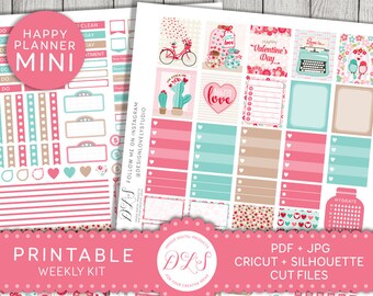 May include: Printable planner stickers with a Valentine's Day theme. The stickers feature hearts, flowers, and other romantic designs in pink, red, and blue. The stickers are designed for use with a Happy Planner mini.