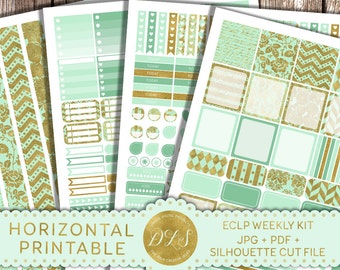 Printable HORIZONTAL Planner Stickers Mint Gold fits EC Life Planner Full Box Stickers Glam Planner Silhouette Cut File Weekly Kit HS107