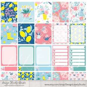 May include: A set of 16 printable planner stickers featuring various floral and lemon designs. The stickers include a variety of patterns, including floral bouquets, teacups, lemons, and watering cans. The stickers are perfect for adding a touch of whimsy and personality to your planner.