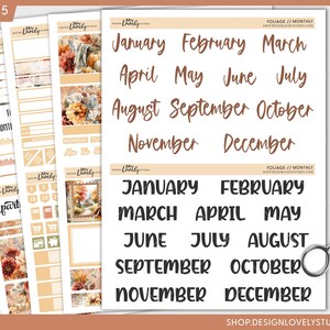 May include: A collection of planner stickers with a fall theme. The stickers include monthly calendar labels and decorative elements in shades of brown, beige, and orange. A pair of decorative scissors is on the right side of the image.