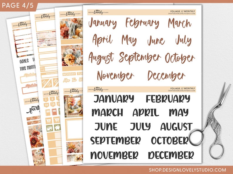 May include: A collection of planner stickers with a fall theme. The stickers include monthly calendar labels and decorative elements in shades of brown, beige, and orange. A pair of decorative scissors is on the right side of the image.