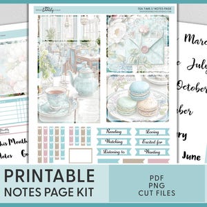 Op de afbeelding: Een afdrukbare notitiepagina-kit met een theetijdthema. De kit bevat pagina's met bloemmotieven, theekopjes, macarons en banners met woorden als "Lezen" en "Liefde". De kit bevat ook maandelijkse kalenderpagina's. Het kleurenschema is in zachte pastelkleuren.