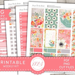 Große glückliche Planer druckbare Aufkleber, wöchentliche Aufkleber Kit, romantische Blumen Sticker, Sommer-Sticker, geschnitten E-Zahlen, BW159