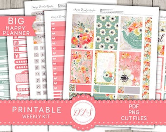 Big Happy Planner PRINTABLE Stickers, Weekly Stickers Kit, Romantic Floral Planner Stickers, Summer Planner Stickers, Cut Files, BW159