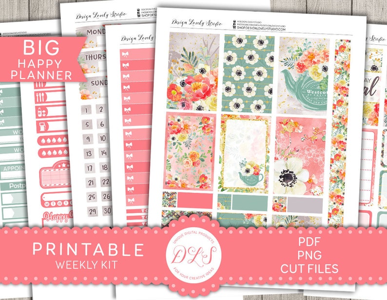 May include: Printable planner stickers with floral and teacup designs. The stickers are in pink, green, and white with gold accents. The text "BIG HAPPY PLANNER" is at the top of the image. The text "PRINTABLE WEEKLY KIT" is at the bottom of the image.