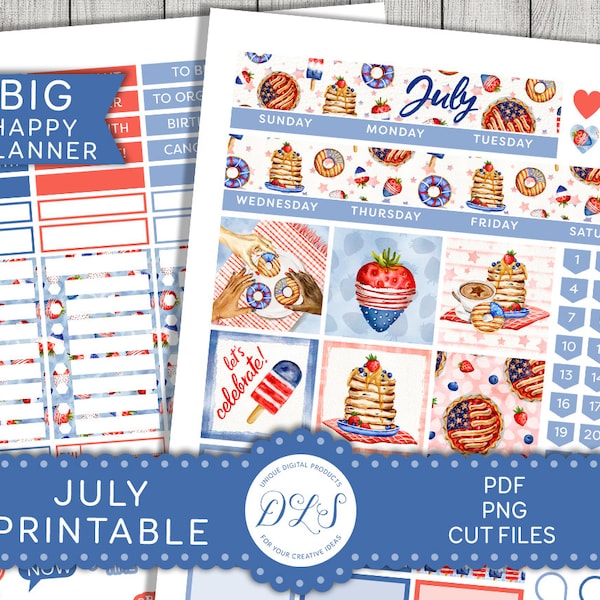 JULY Big Happy Planner Stickers Kit, JULY Printable Monthly Kit, 4th of July Planner Stickers, Patriotic Monthly Kit, Cut Files, BM181