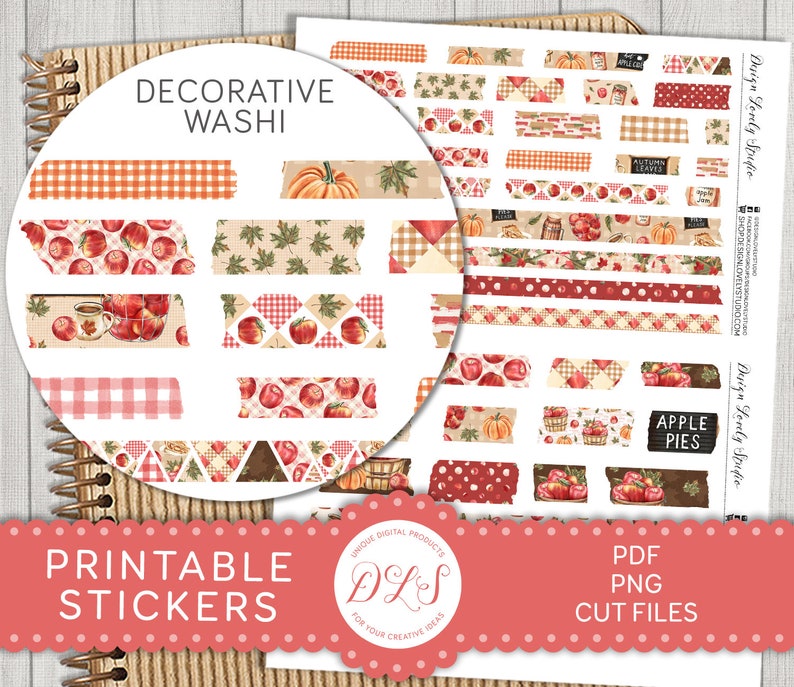 May include: Printable stickers featuring a variety of fall-themed designs, including apples, pumpkins, leaves, and plaid patterns. The stickers are perfect for adding a touch of autumn to planners, journals, and other craft projects.  The text "DECORATIVE WASHI" and "PRINTABLE STICKERS" is visible on the image.