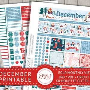DECEMBER Planner Kit ECLP afdrukbare Stickers maandelijkse Planner Winter Kerst sneeuwpop sneeuwvlokken kous rood groen blauw gesneden bestanden MV112
