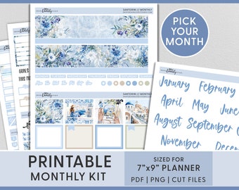Printable June Monthly Planner Stickers, July Monthly Kit, Summer, Greece, Santorini, Travel, Vacation, Blue, Erin Condren, MV249
