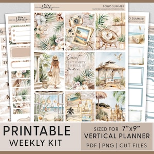 Kit settimanale estivo Boho - Tema spiaggia e conchiglie, Atmosfere tranquille per le vacanze, Adesivi stampabili per planner Erin Condren, Oceano, File da ritagliare, VS282