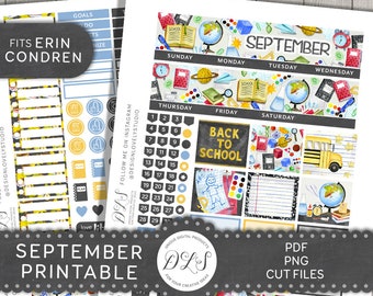 Printable Back to School Planner Stickers, Back to School Monthly Kit, September Stickers Kit, ECLP September  Monthly Kit, Cut Files, MV165