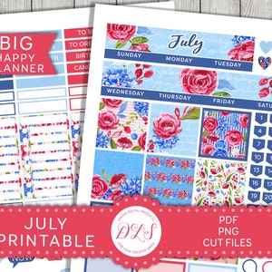 JULY Planner Stickers, Printable Planner Stickers, Big Happy Planner Stickers, July Monthly Stickers Kit, Digital Stickers, Cut Files, BM193