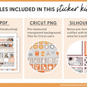 May include: A digital download sticker kit for October with a Halloween theme. The kit includes a PDF file for hand cutting, a Cricut PNG file with a transparent background, and a Silhouette cut file with bleed.