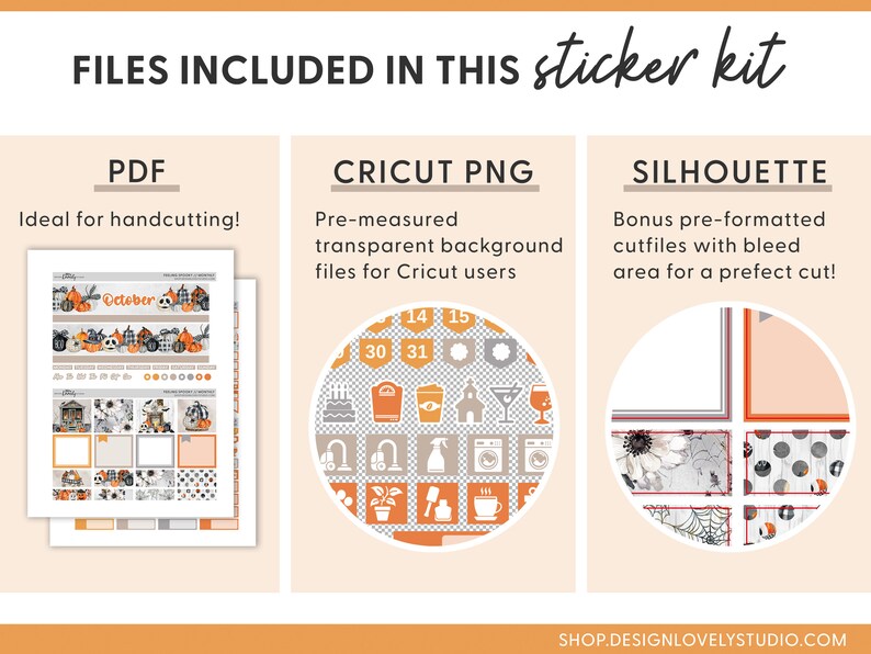 May include: A digital download sticker kit for October with a Halloween theme. The kit includes a PDF file for hand cutting, a Cricut PNG file with a transparent background, and a Silhouette cut file with bleed.