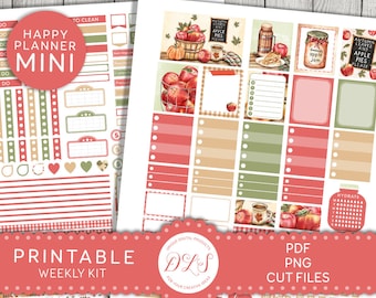 May include: Printable planner stickers with a fall theme. The stickers feature apples, jars of jam, and pie. The stickers are in red, green, and brown colors. The text on the stickers reads "Autumn Leaves and Apple Pies Please" and "Apple Jam".