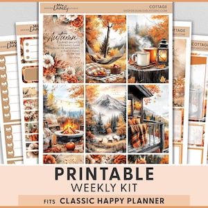 May include: A printable weekly kit for a Classic Happy Planner, with an autumn cottage theme. The design includes illustrations of fall scenes, such as a hammock, a campfire, and a cabin. The colour palette is warm, with shades of orange, brown, and beige.