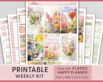 Printable Floral Planner Stickers, Spring Stickers, Floral Weekly Kit, Happy Planner Weekly Sticker Kit,  Pink, Watercolor, Romantic, HP256