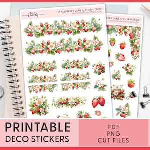 Strawberries Journaling Stickers, Summer Stickers, Floral Deco Stickers, Printable Planner Stickers, Bullet Journal, Berries, JS170